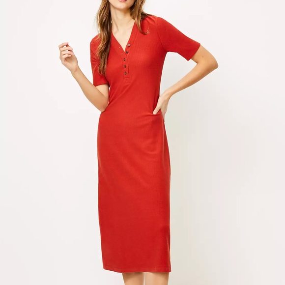 LOFT Dresses Nwt Loft Red Henley Midi Dress With Sleeves Poshmark